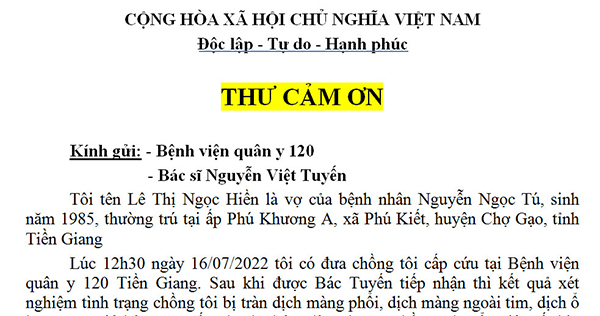 Thư cảm ơn Bác Sĩ Tuyến